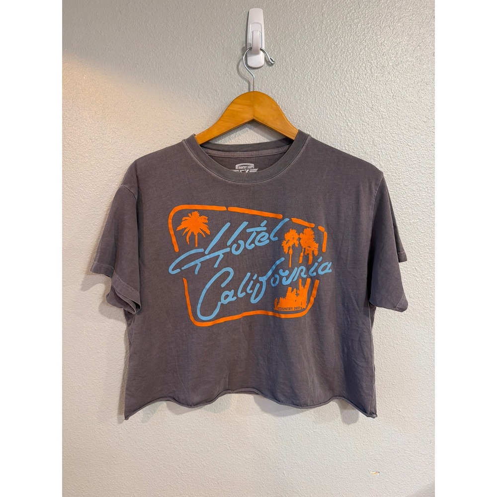 Country Deep Hotel California Graphic Tee Women Size M Grey Raw Hem Crop Country